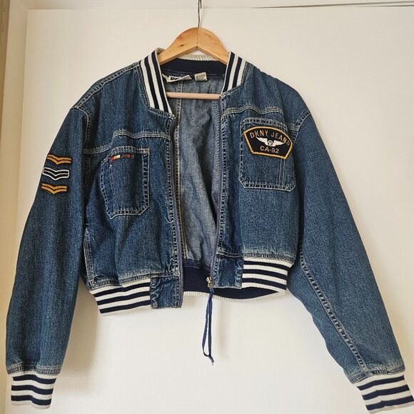 DKNY Jeans Denim Varsity Flight Bomber Oversized Women's Jacket - Picture 1 of 7